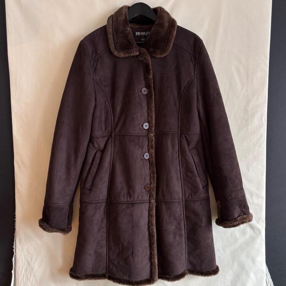 VTG Y2K Bromley Sport Brown Faux Suede Shearling Penny Lane Winter Coat - Size L